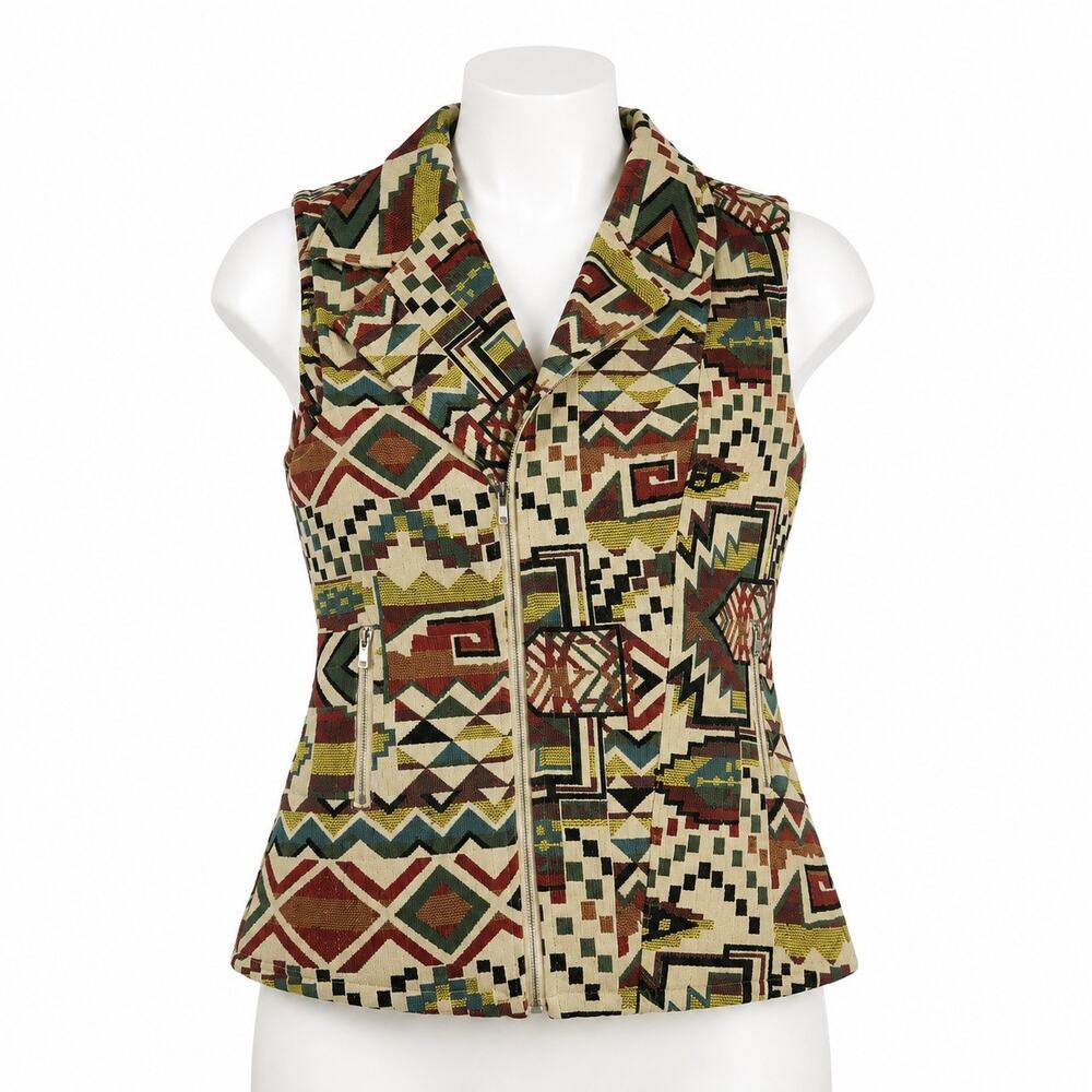 Vintage Aztec Vest Women’s Size S Southwestern Tapestry Diagonal Zip Festival